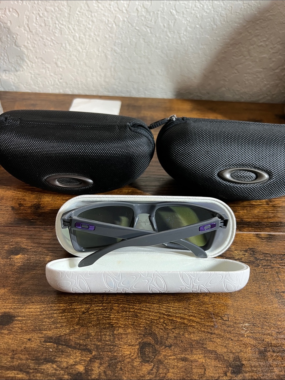 Lot of 3 Oakley Gray Sunglasses with Purple Accents and White Case